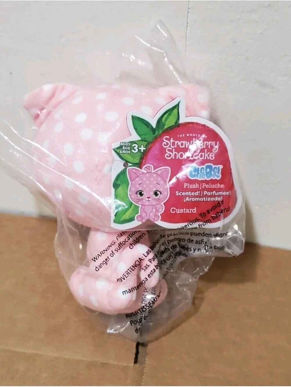 Strawberry Shortcake CheeBee Custard Plush Pink Polka Dot Cat Scented Plastic BG